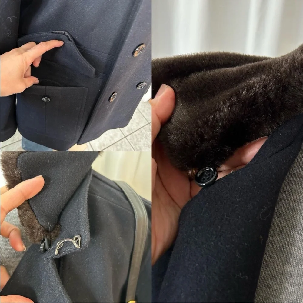 REISS Wool Blend double-breasted Peacoat with faux fur removable collar black.